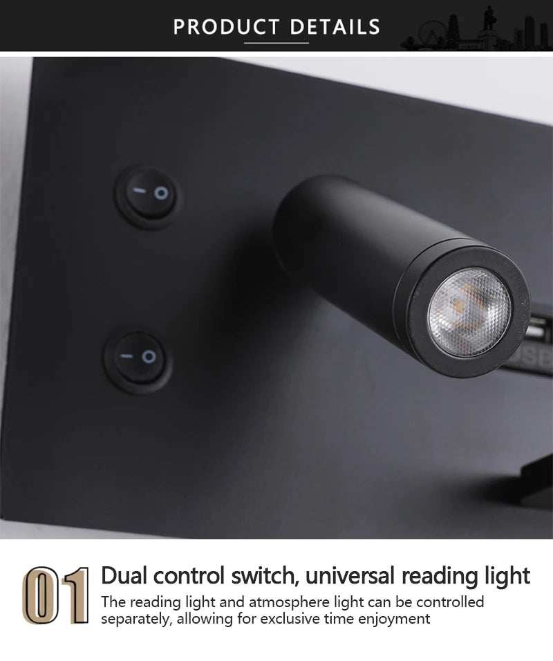 Modern LED Wall Lamp with Wireless Charger Simple Creative USB Interface Night Light Suitable for Living Room Bedroom Study