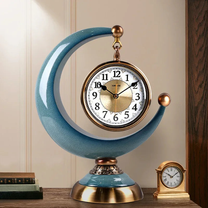 Luxury Mechanical Table Clock Silent Watch Desk Clock Living Room Desktop Retro Moon Table Decoration & Accessories Gift