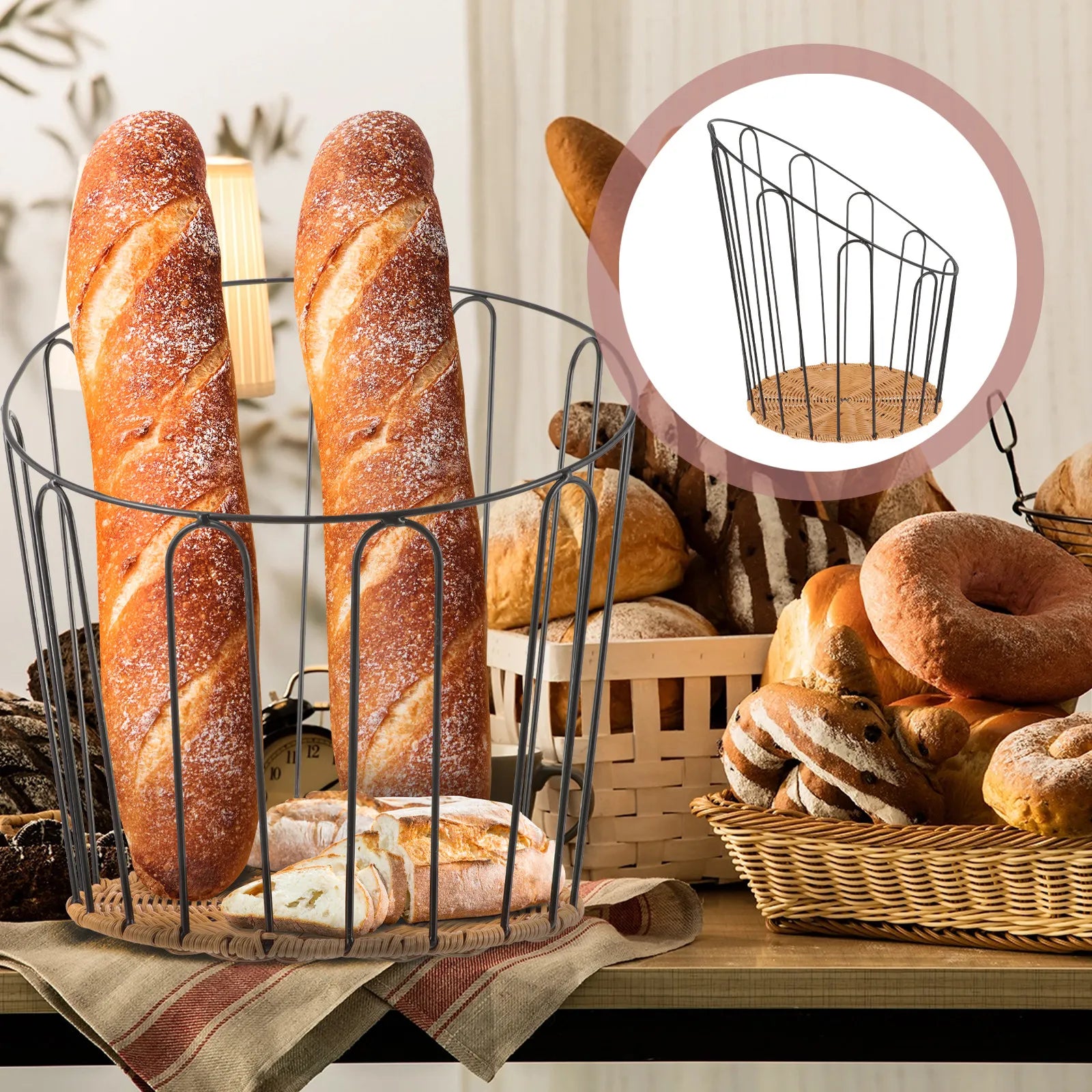 Premium Woven Bread Basket with Iron Frame and PP Material Rustic Storage Basket for Kitchen Counter Serving Fruits Vegetables