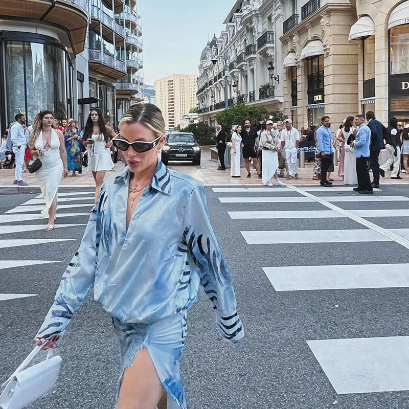 Fashion Printed Long Shirt Style Dress Women Full Sleeve Lapel Lace Patchwork High Split Dresses Female 2026 Autumn Lady Robe