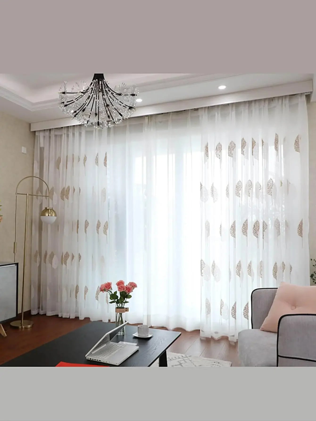 1PC Modern Light Luxury Brown and White Gauze Curtain