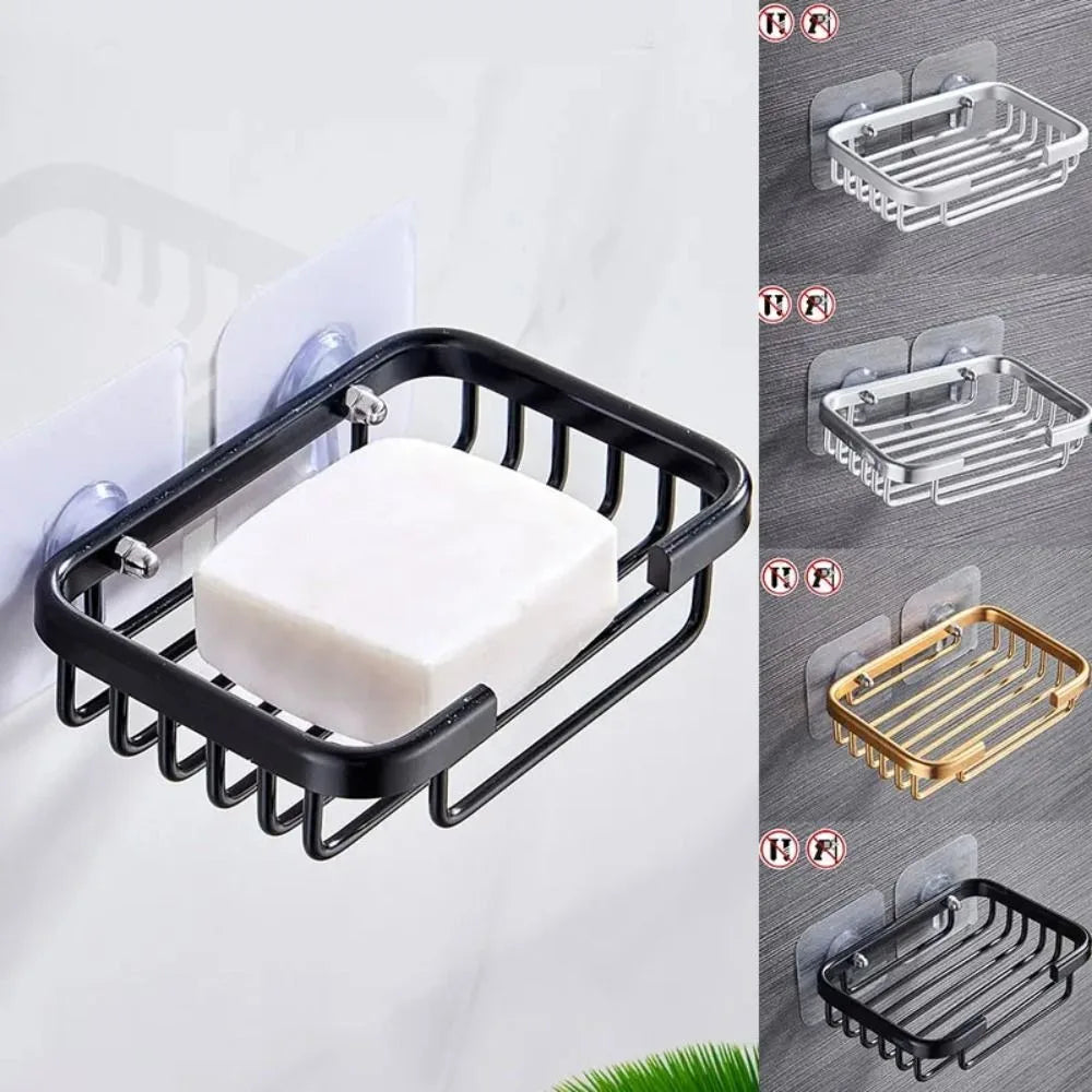 Drill Free Wall-mounted Soap Holder Sponge Dish Holder No Drilling Aluminum Adhesive Soap Dish Holder Rack Metal Soap Holder
