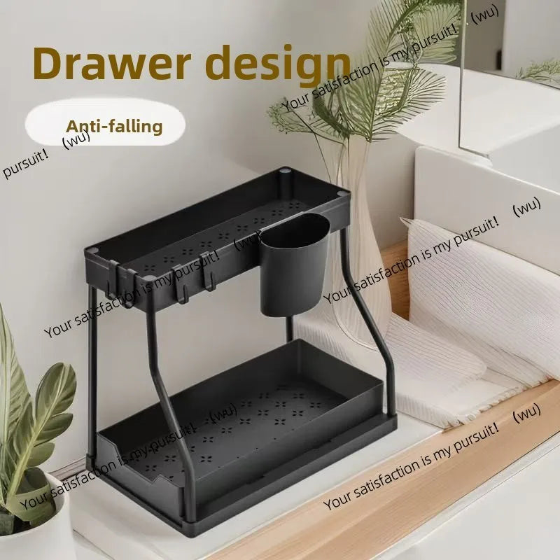 2 Tier Slide Out Under Sink Organizer with Hooks Large Capacity Space Saving Storage Rack for Kitchen Bathroom Cabinet Durable