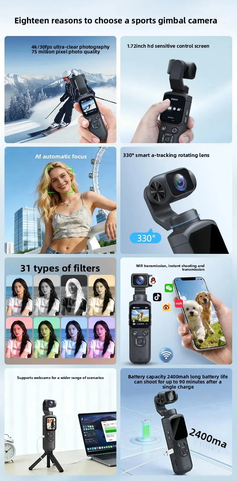 UHD 4K Action Camera With 330° Face Tracking Gimbal Stabilizer Pocket Camera for Vlog Outdoor Travel Handheld Video Recorder