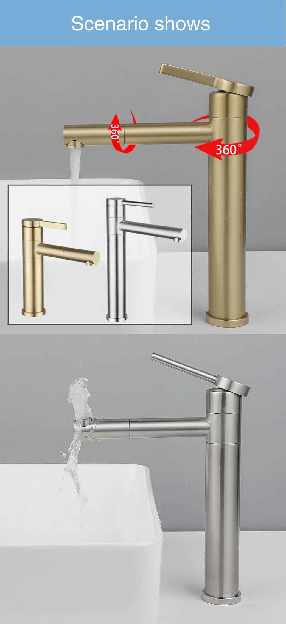 Fliger Tall Basin Faucet Brushed Gold Bathroom Sink Faucet Countertop Sink Faucet Hot Cold Bathroom Faucet 360° Rotating Mixer