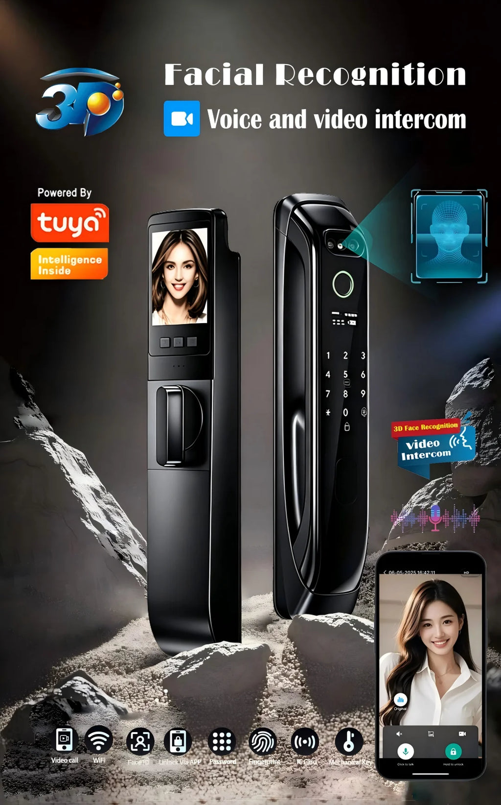 5050 5072 5572 4585 6085 Mortise Tuya WiFi Video Intercom 3D Face Recognition Smart Lock Biometric Camera Auto Keyless Lock