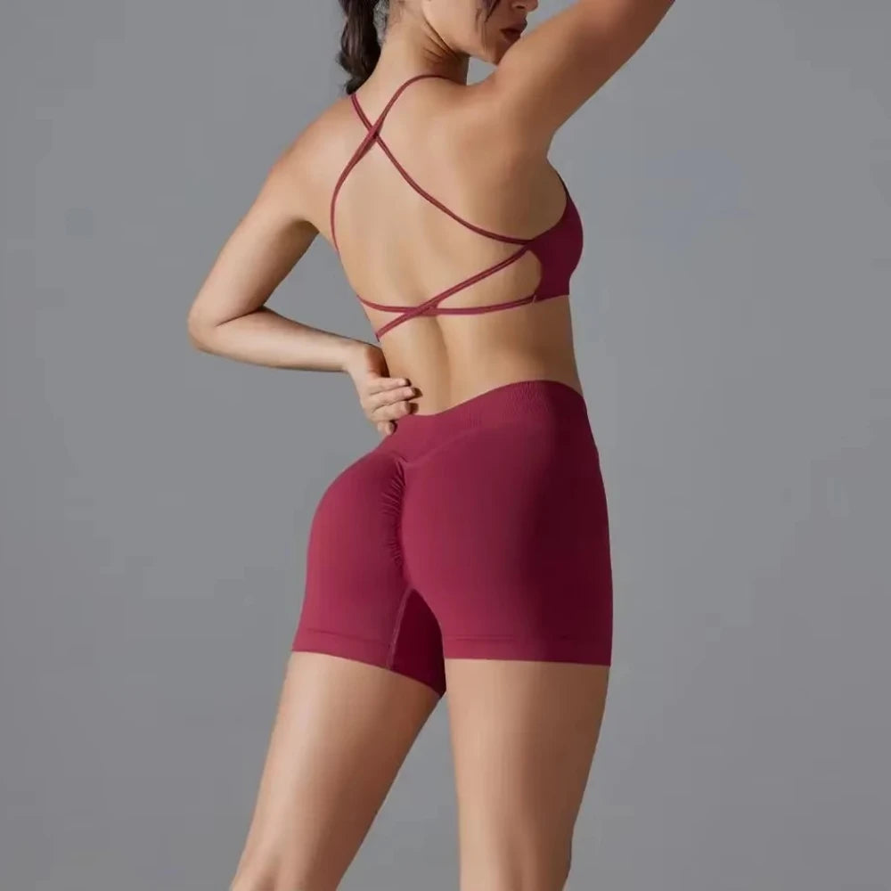 Women's Seamless Solid Color Cross Back High Elasticity Tight and Sexy Sports Bra Yoga Suit Set, Running and Fitness Two Pieces