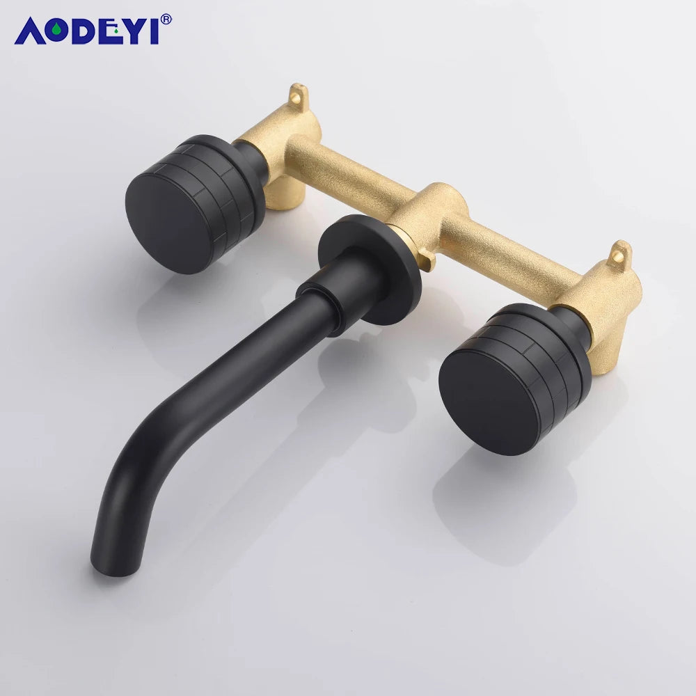 Black Bathroom Faucet Brass Double Lever Wall Mounted Sink Faucets Hot Cold Water Polished Taps Basin Mixer Brushed Gold Tap Set