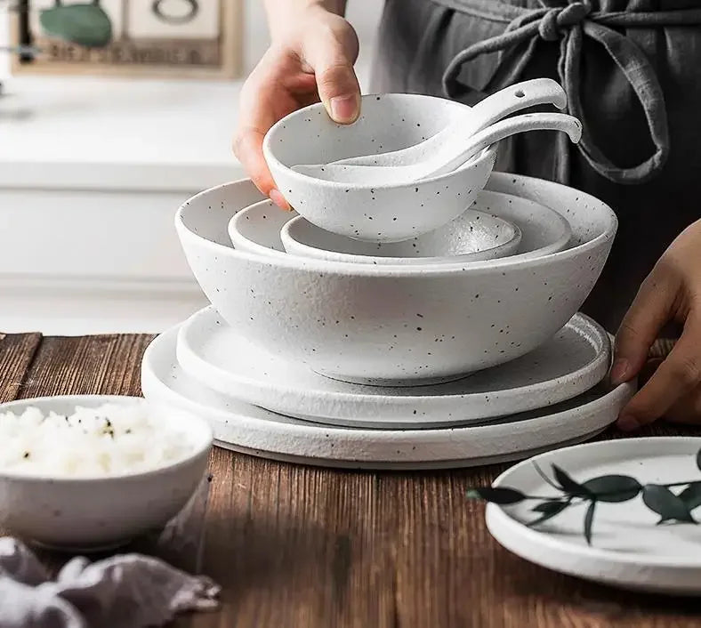 Japanese-style Tableware Set Bowls and Plates Round White Ink Point Dinner Plates Home Creative Western Dishes Dinner Plates