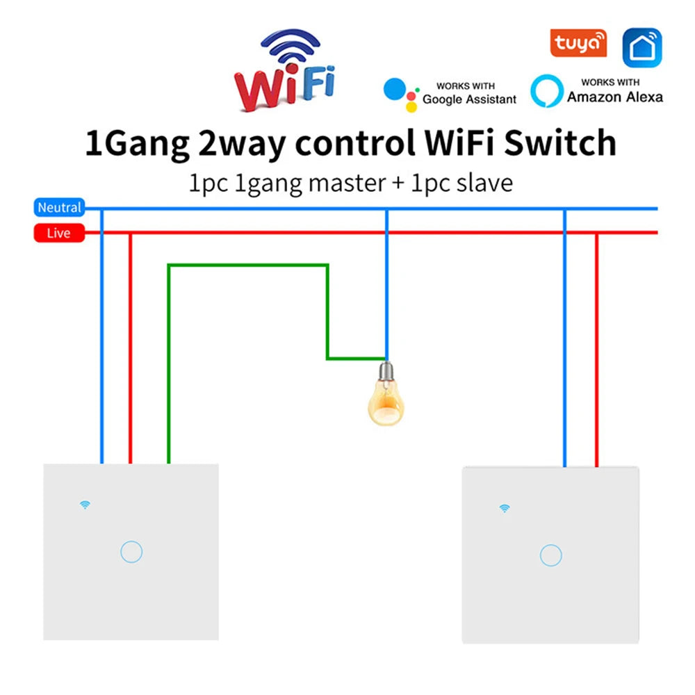 Wifi Smart  2way Switch 1gang 2gang 3gang Two Way Wall Touch Switch Voice and Smart Life TUYA APP Control For Stairs Corridors
