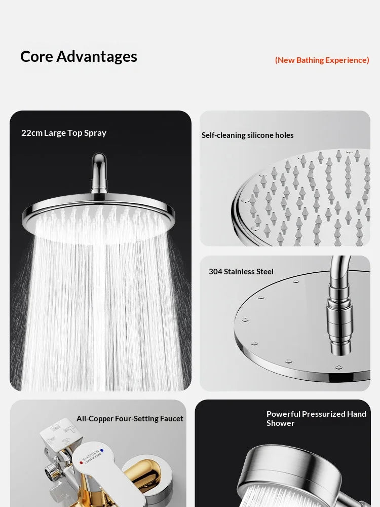304 Stainless Steel Thermostatic Rainfall Shower Set High Pressure Wall Mounted Bathroom Mixer Tap Handheld Circular Square
