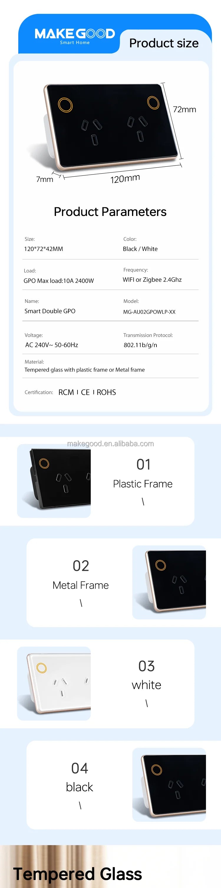 Customize Standard Wifi 2.4G 2400W Tempered Glass Panel Tuya App Smart Dual Power Point GPO Wall Socket