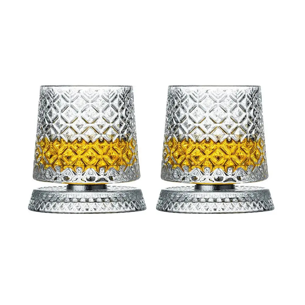 2PCS Whiskey Glasses Rotating Whisky Glass With Glass Base 360 Rotate Degrees Crystal Rum Glass For Cocktail Party Drinking Gift