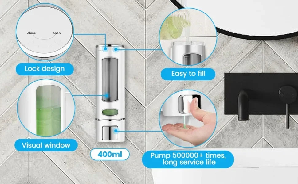 Liquid Soap Dispenser 400ml Wall Mounted Refillable for Bathroom Kitchen Hotel Shower Gel Lotion Pump for Toilet Bathroom Hotel