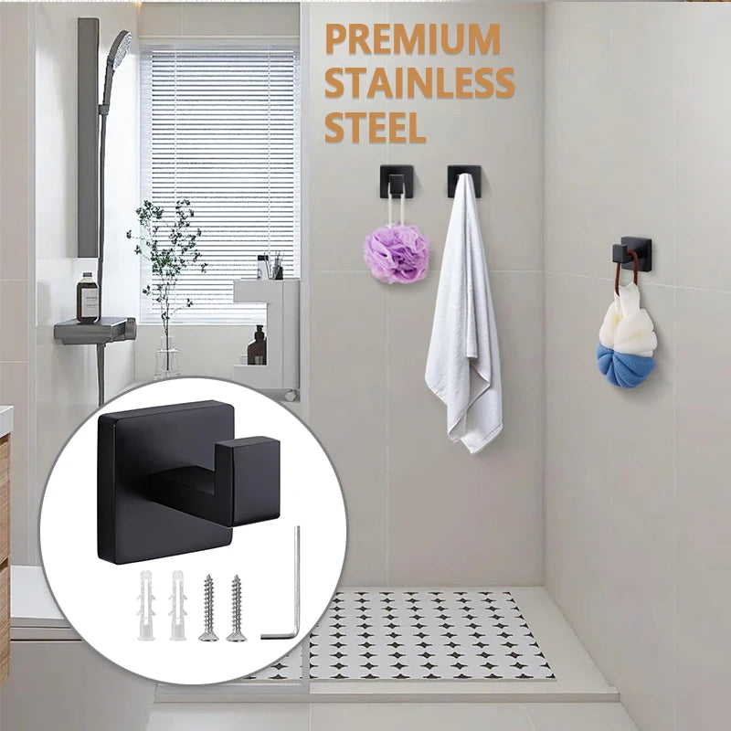 Bathroom Hardware Set Matte Black SUS304 Stainless Steel Toilet Paper Holder Robe Hook Towel Bar Modern Square Wall Mount