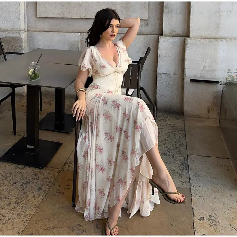 Elegant Sexy Print Fish Dress Women V Neck Short Sleeves High Waist Ruffles Split Vestidos Female 2026 Summer New Chic Dresses