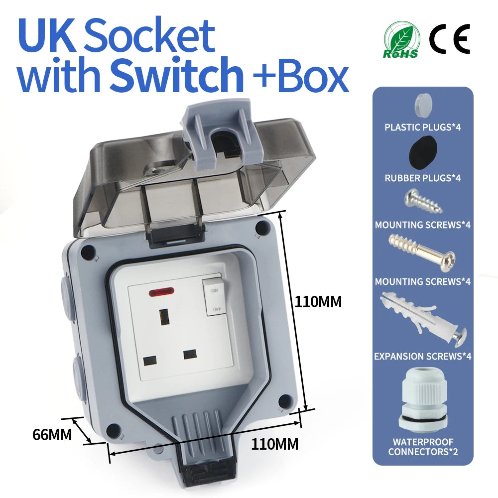 GTRIC Waterproof Outdoor Plug Electrical Sockets 250V AC IP66 DustProof Waterproof Socket With Switch Outside Master Plug