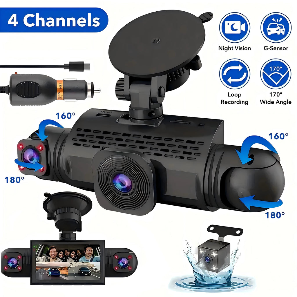 Car Dash Cam 4 Channel Black Box Driving Camera FHD 1080P Front Left Right Rear Night Vision Loop Recording add Hardwire kit