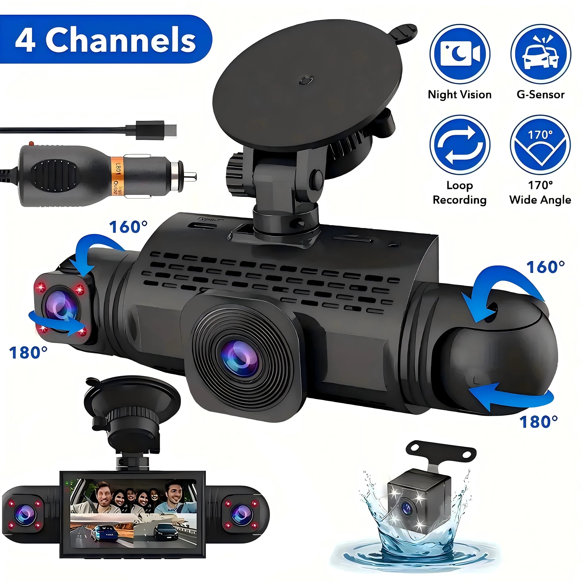 Car Dash Cam 4 Channel Black Box Driving Camera FHD 1080P Front Left Right Rear Night Vision Loop Recording add Hardwire kit