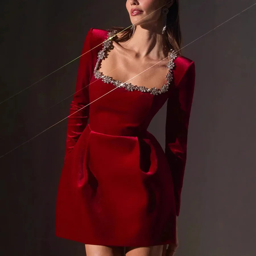 European and American Temperament Square Collar Diamond Setting Velvet Dress, Women's Spring Solid Color Long Sleeve Short Dress