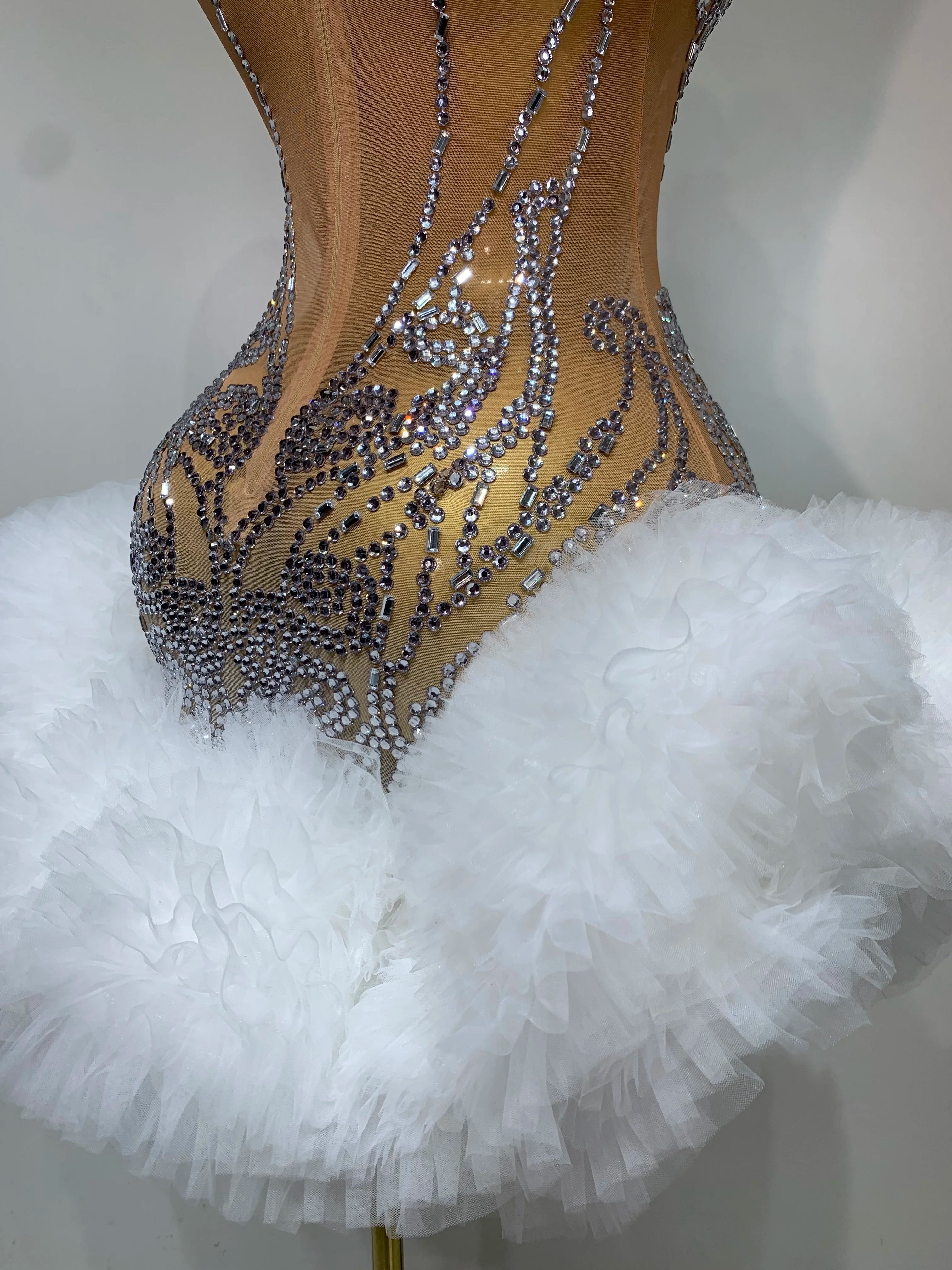 Luxury Women Sexy Sparkly Rhinestone Sleeveless Mesh See Through Bodycon Mini Birthday Dress Evening Party Performance Costume