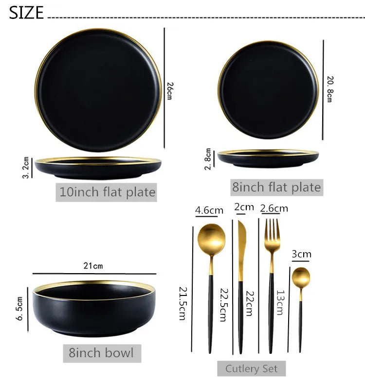 For1/ 4/6/8 Personal Black Porcelain Dinner Plates Set Ceramic Tableware Food Dishes Rice Salad Noodles Bowl Wiht Cutlery Set