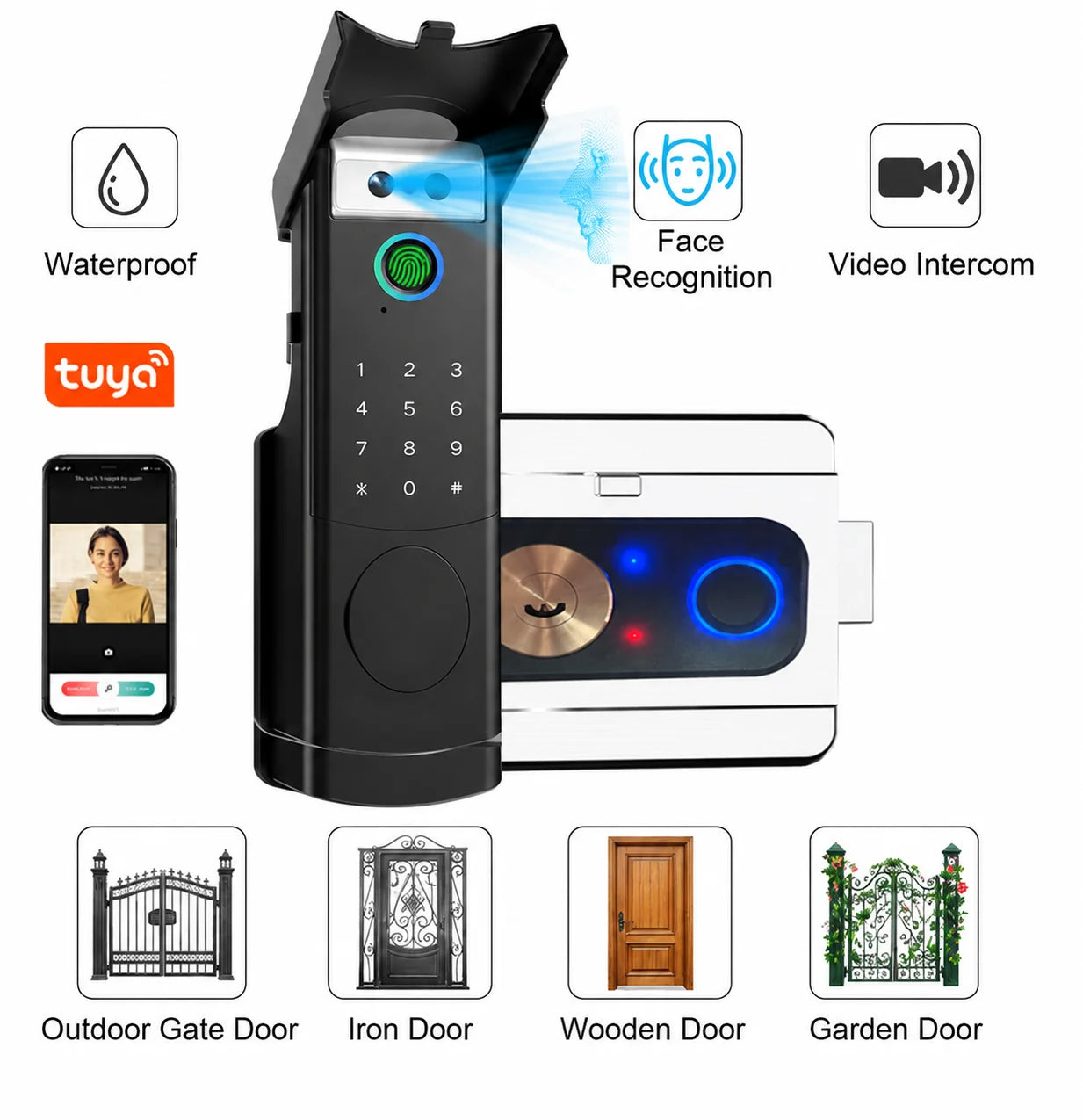 Tuya Wifi Video Intercom Doorbell Waterproof Double-sided Fingerprint Rim Lock Remote App Electronic Face Recognition Smart Lock