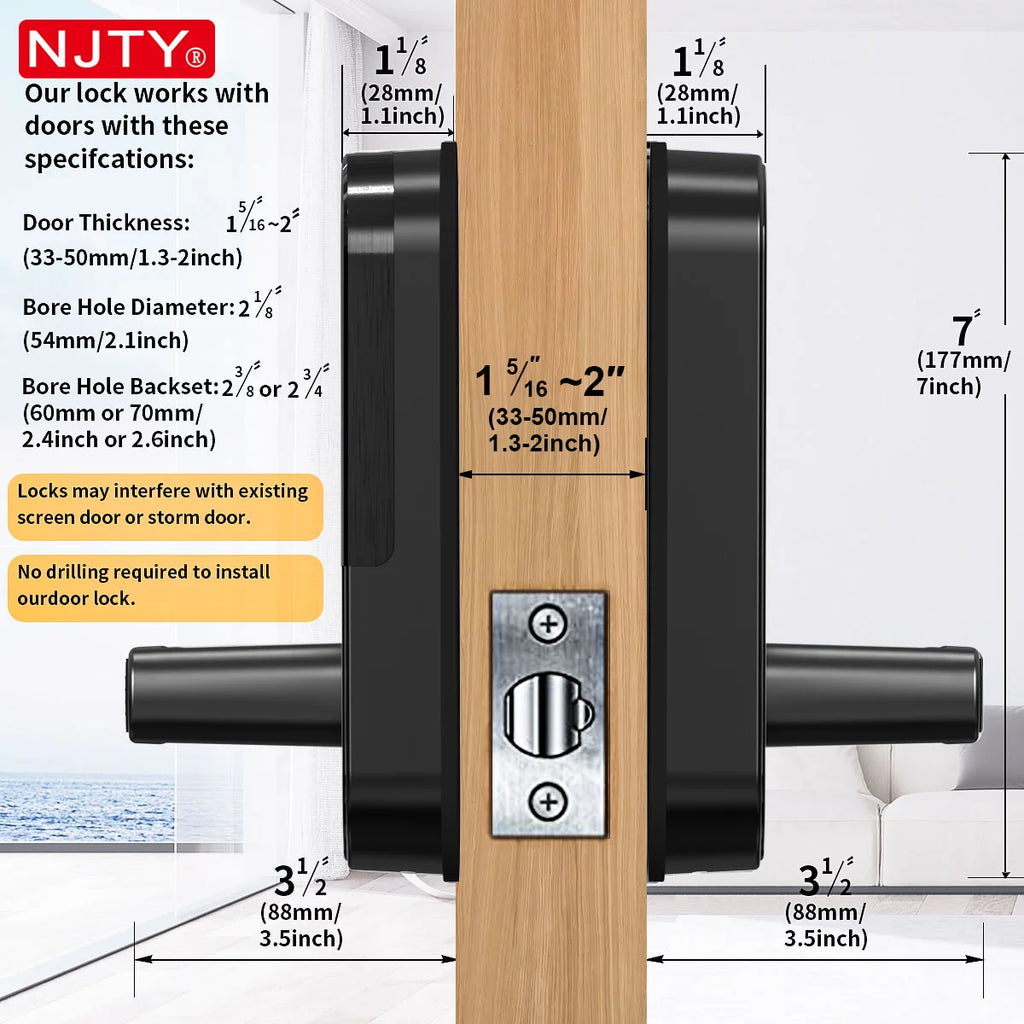 NJTY Fingerprint Door Lock Unlock by Fingerprint/Card/App/Password/NFC/Key Anti-Theft Electronic Door Lock for Bedroom/Outside