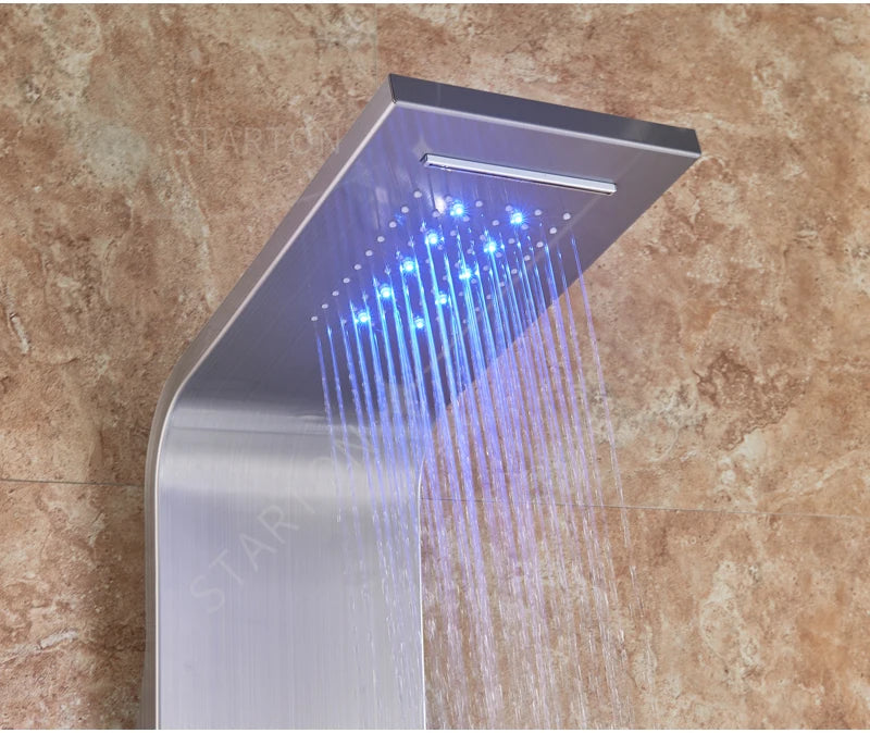 LED Light Bathroom Shower Panel Intelligent LCD Shower Column System with 6 Modes Rain Waterfall Massage Jet Bath Mixer Tap
