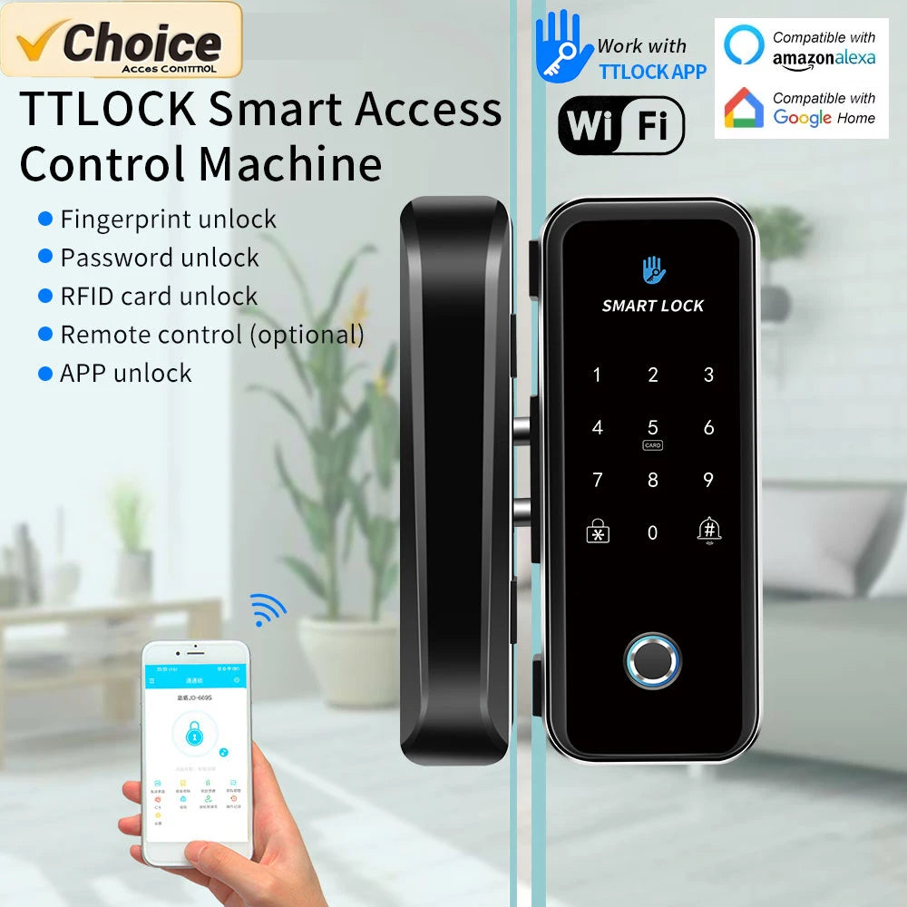 TTlock Smart Biometric Fingerprint WiFi Lock for Commercial Glass Door 5-in-1 Access Control (APP/Fingerprint/Card/Code/Remote)