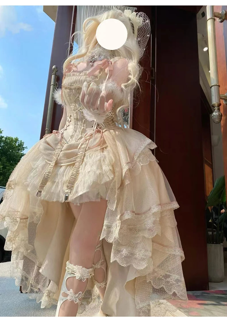Princess Lolita Evening Dress Champagne Gold Front Short Back Long Gorgeous CLA Dress Vintage Fairy Lolita Birthday Party Dress