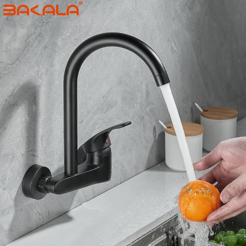 BAKALA Black Brass Chrome Taps For Kitchen Sink Kitchen Tap Chrome Dual Hole Wall Kitchen Mixer Kitchen Faucet Torneira Cozinha