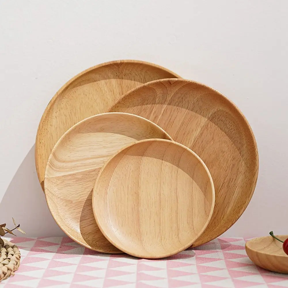 Rubber Wood Eco-Friendly Hand-made Round Kitchen Supplies Unbreakable Snack Plate Wood Plate Tea Tray Dessert Plate