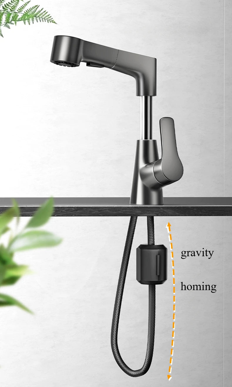Basin Faucet Bathroom Pull Out Lift Mixer Tap Hot & Cold Water 360° Lift Up and Down Bathroom Sink Faucet