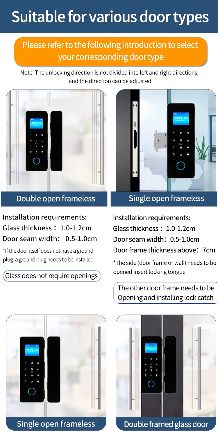 Electronic Digital Lock Fingerprint Glass Door Lock Bluetooth HAHA-Lock App Passcode IC Card Keyless Smart Phone Attendance Lock