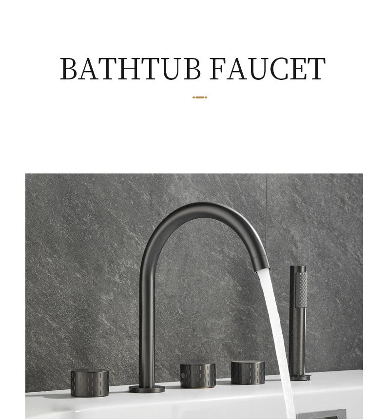 Gray Luxury Brass Deck-Mounted 5-Holes Bathroom Bath Tub Rotating Faucet Mixer Bathtub Basin Water Tap With Spray 3 Handles