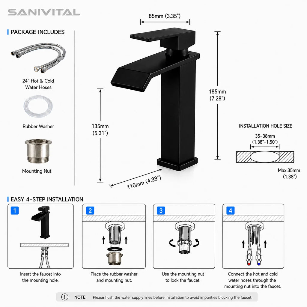 SANIVITAL Modern Matte Black Waterfall Basin Faucet Hot Cold Mixer Tap Single Handle Bathroom Sink Faucet Durable Deck Mount