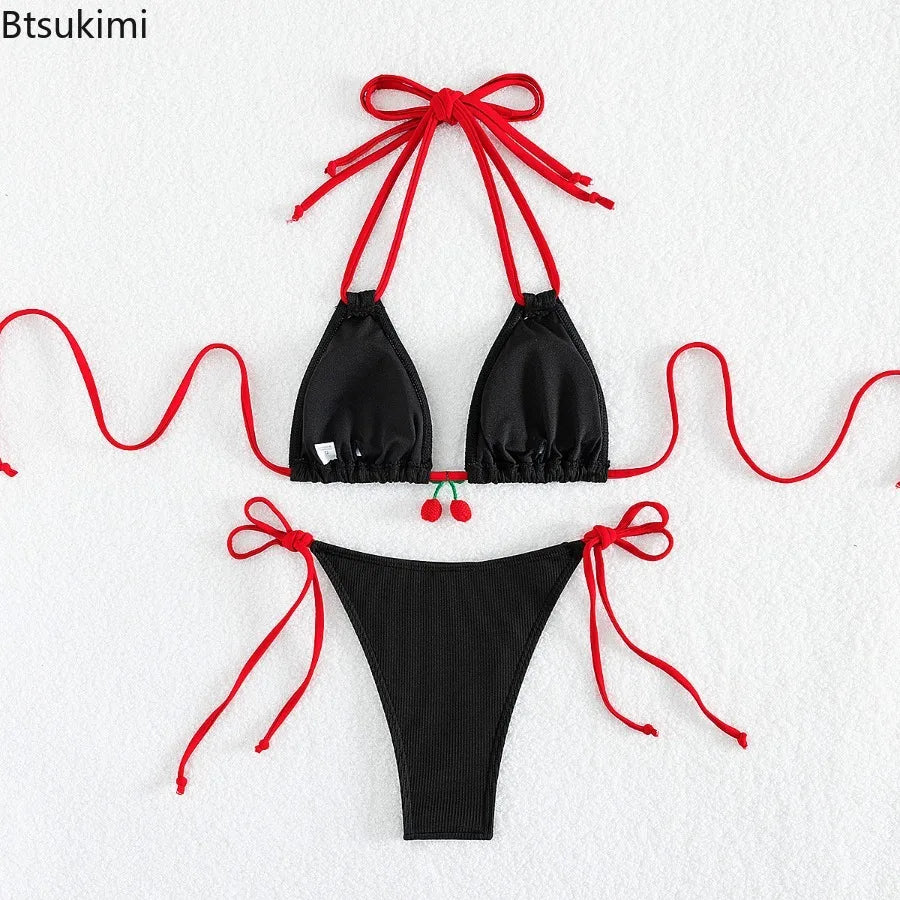 2026 Summer Swimwear Bikini Set Fashion Sexy Backless Bikini 2 Piece Set Women Laced Up Split Swimsuit High Waist Beach Bikini