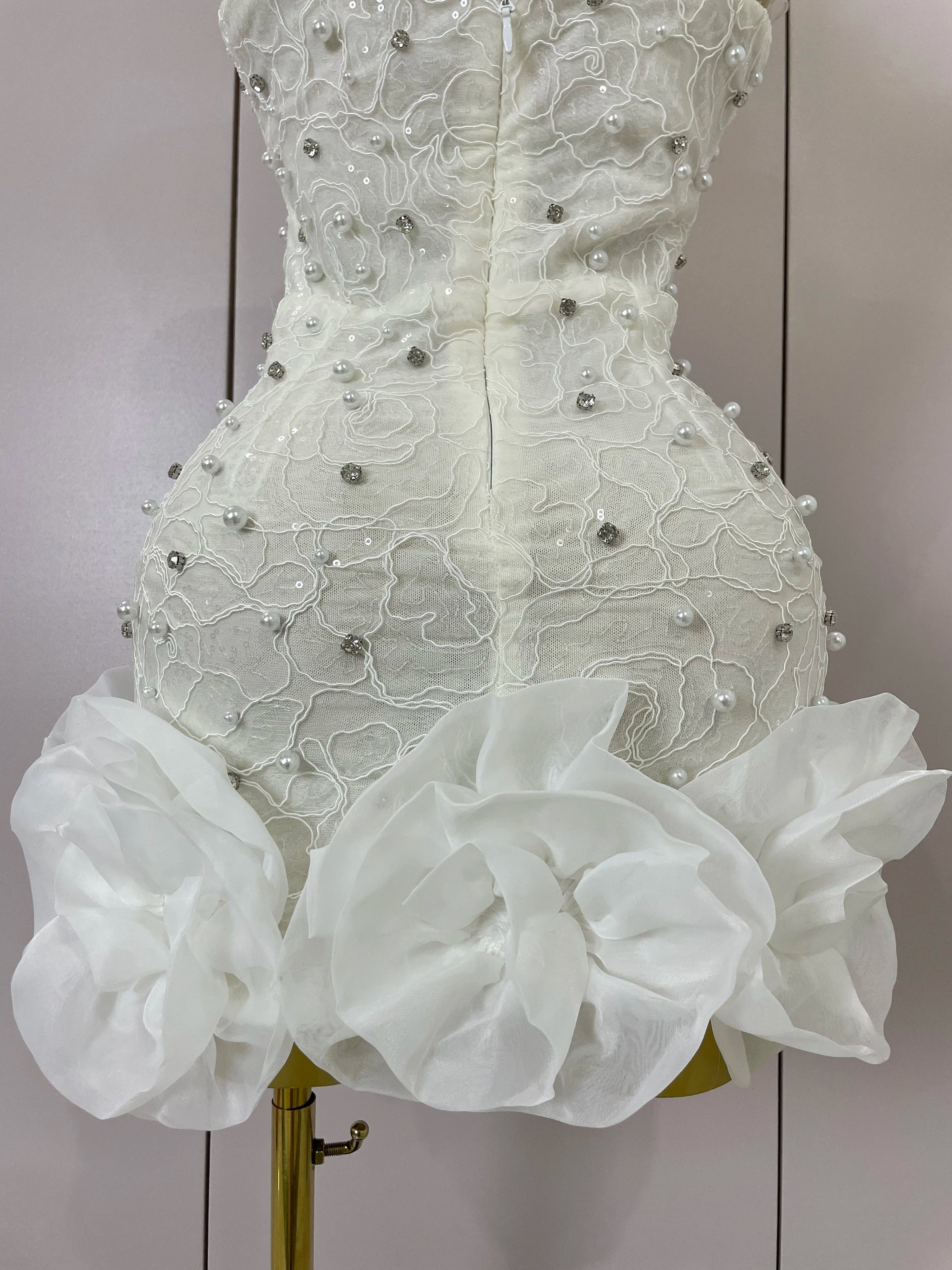 High Quality Luxury Shiny Diamonds Pearl Flowers Deep V Halter Short Dress Women Celebrate Eveing Celebrity Birthday Party Dress