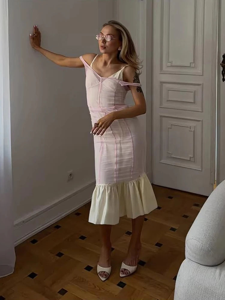 Sexy Sheer Mesh Overlay Midi Dress Women Sleeveless Sleeveless Spaghetti Strap Slim Dresses 2026 Lady Trendy Party Club Robe