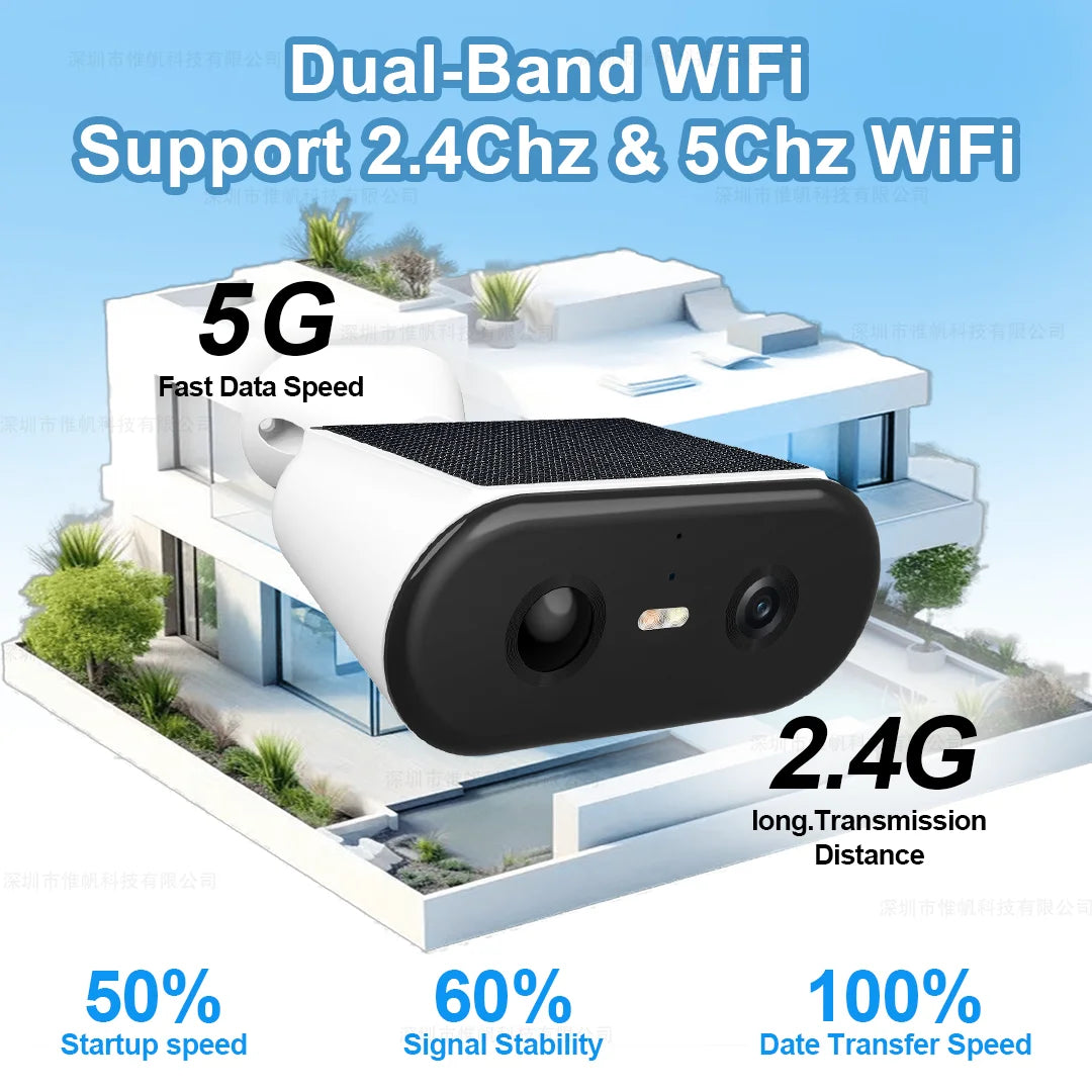 2K Solar Security Camera WIFI Wireless 2.4/5GHz DualBand Outdoor Camera IP65 Waterproof  AI PIR Motion Surveillance Battery Cam