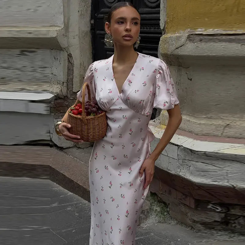 Elegant Print Women Long Dress Fashion V-neck Pleated Flutter Short Sleeve Empire Female Dresses 2026 Summer Chic Female Robe