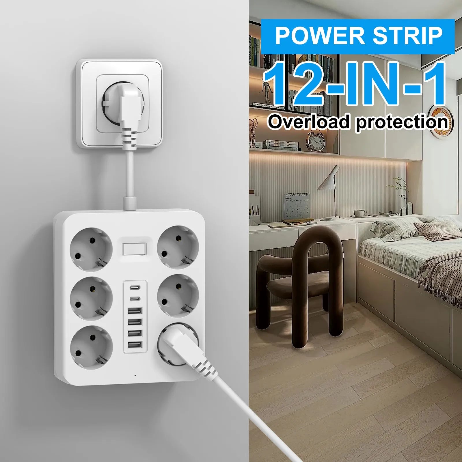 Wall Socket Extender with 6 AC Outlets 4 USB Ports 2 Type-C EU Plug Charger Electrical Switch For Home Power Strip Socket
