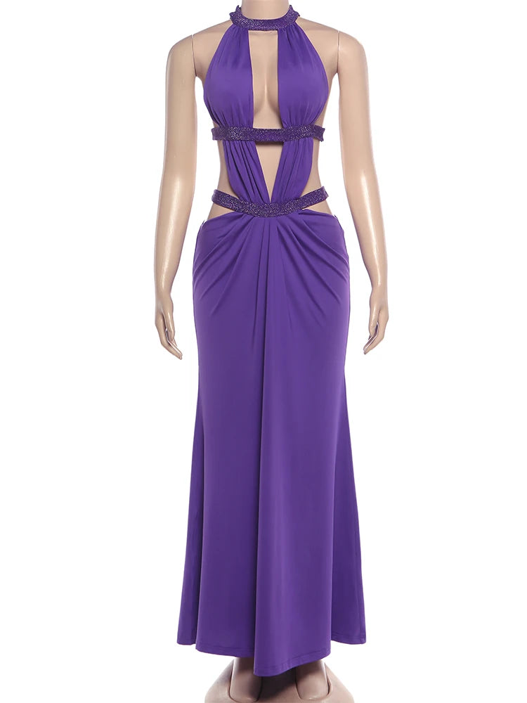 Nibber Deep V-Neck Long Dress Woman Sexy Hollow Design Halter Sleeveless Skinny High Waist Midnight Prom Party Elegant Vestidos