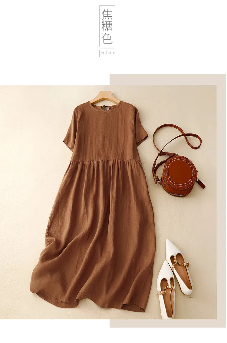 Summer Cotton Linen Blended Thin And Breathable Dress Women Literary Big Swing Short Sleeve Solid Loose Casual Female Dresses