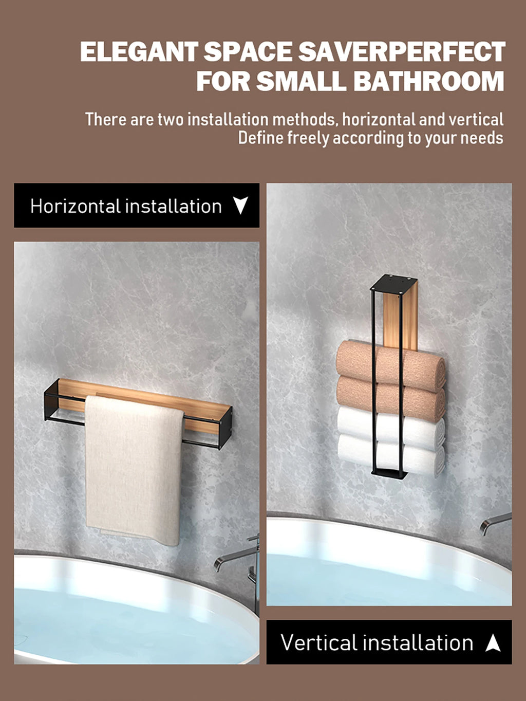 Bathroom wall mounted towel rack, bathroom decorative towel rack, towel hanging rack, roll towel storage, no drilling required