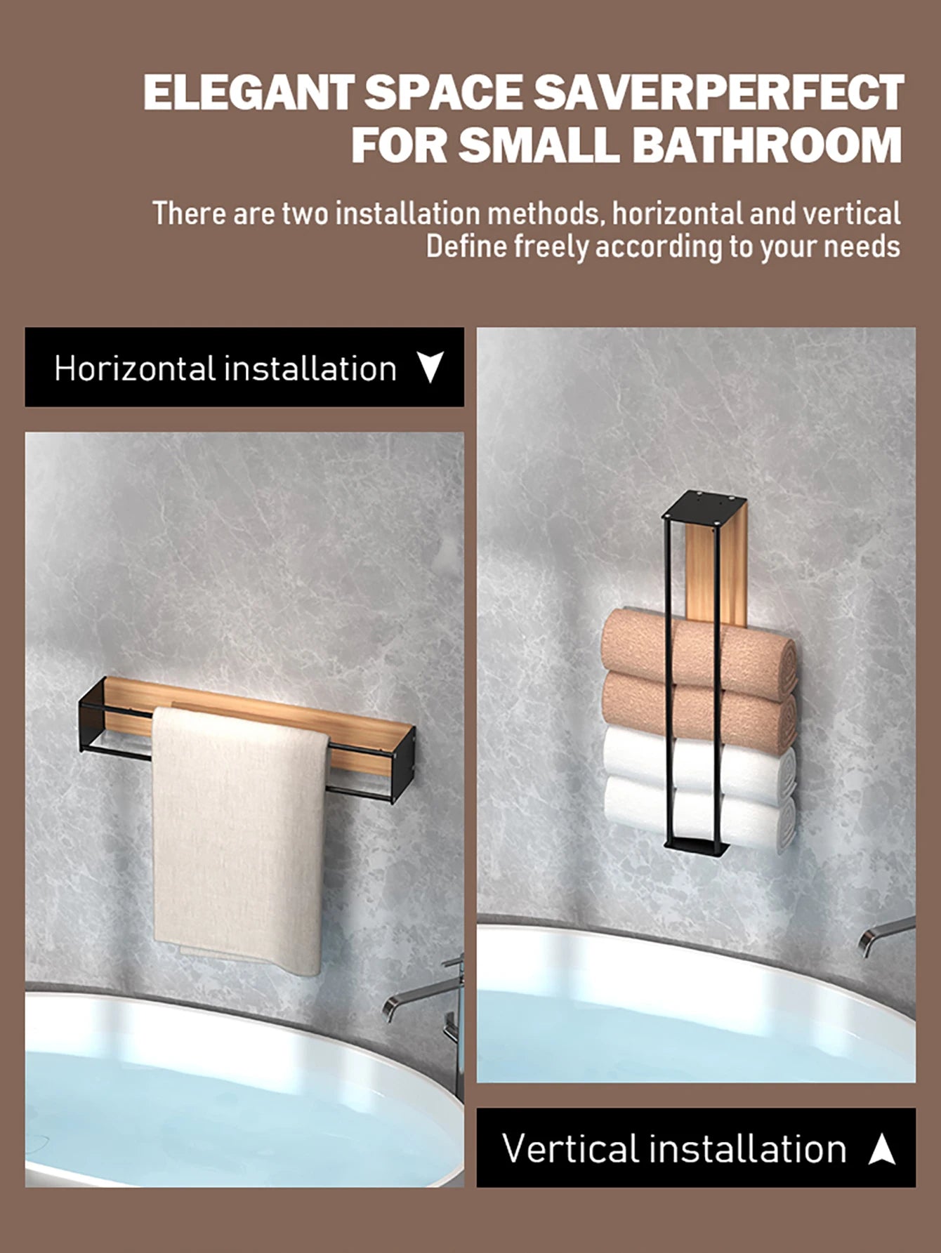 Bathroom wall mounted towel rack, bathroom decorative towel rack, towel hanging rack, roll towel storage, no drilling required