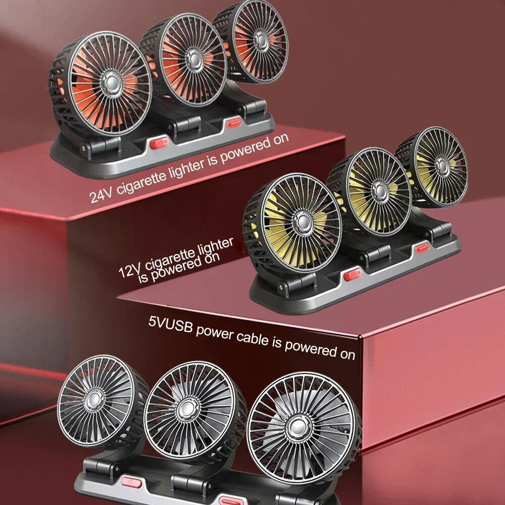 1/2/3 Head Car Fan Summer Air Cooler USB/12V/24V Adjustable 2 Speeds Silent Fan for Home Desk Office & Car