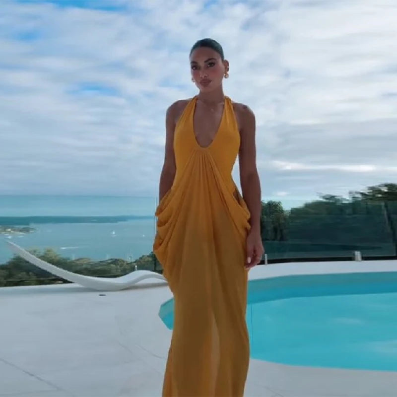 Chic Bohemian Yellow Dress Draped Chiffon Vintage Women Dresses Party Summer Vacation Beach Trendy Streetwear