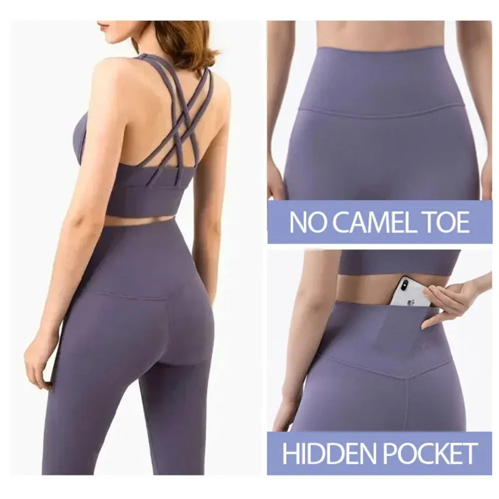 Women's 2 Piece Sports Set - High Waist Booty-Lifting Leggings with Back Pocket & Sports Bra Yoga/Gym/Running Workout Outfit